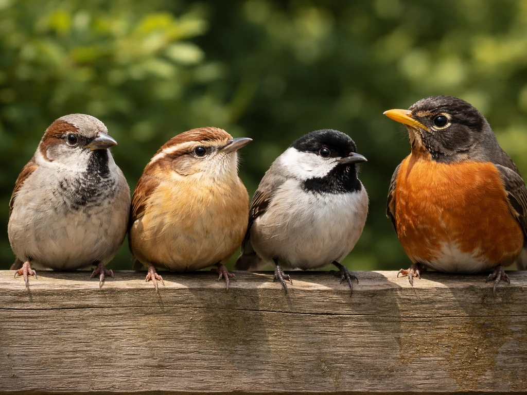 Four small birds perched on a wooden fence rail in daylight, minimal background, no text.