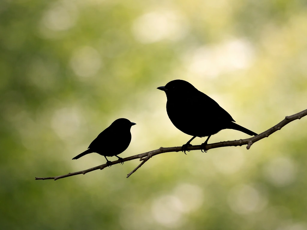 Sparrow-sized bird silhouette next to a small leaf-tangle branch for scale cues