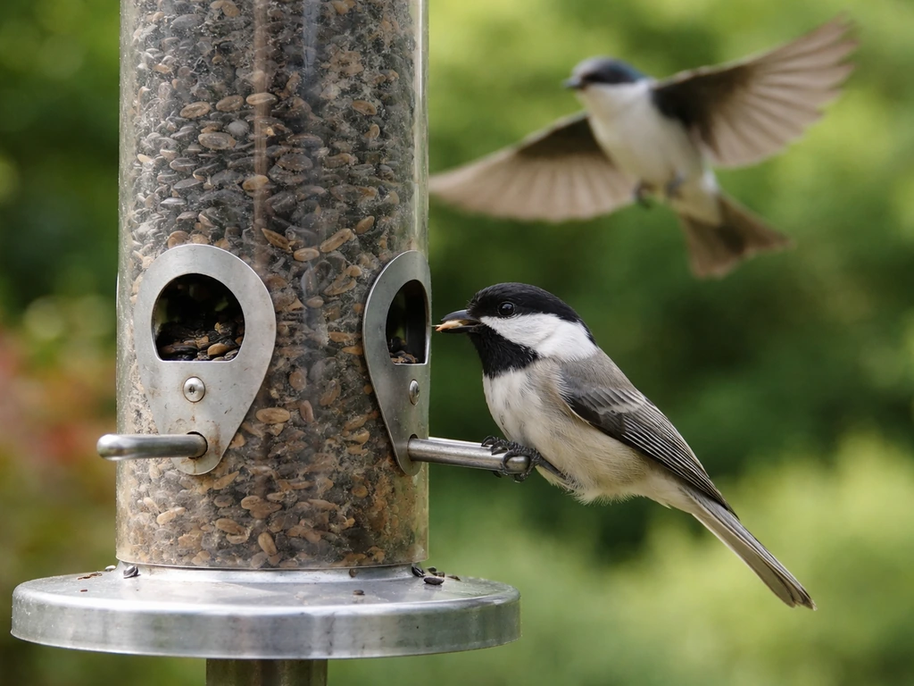 Black-and-white songbird at a simple backyard feeder, with a small swallow-like bird captured in flight nearby