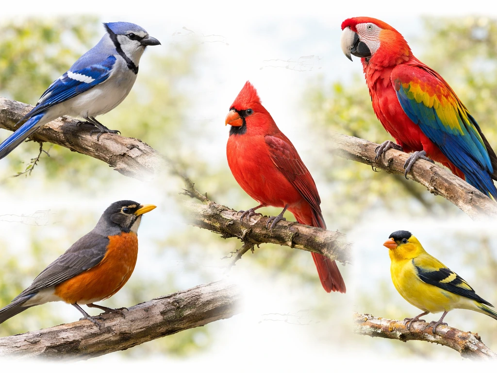 Vivid collage of several colorful real birds against a clean natural background