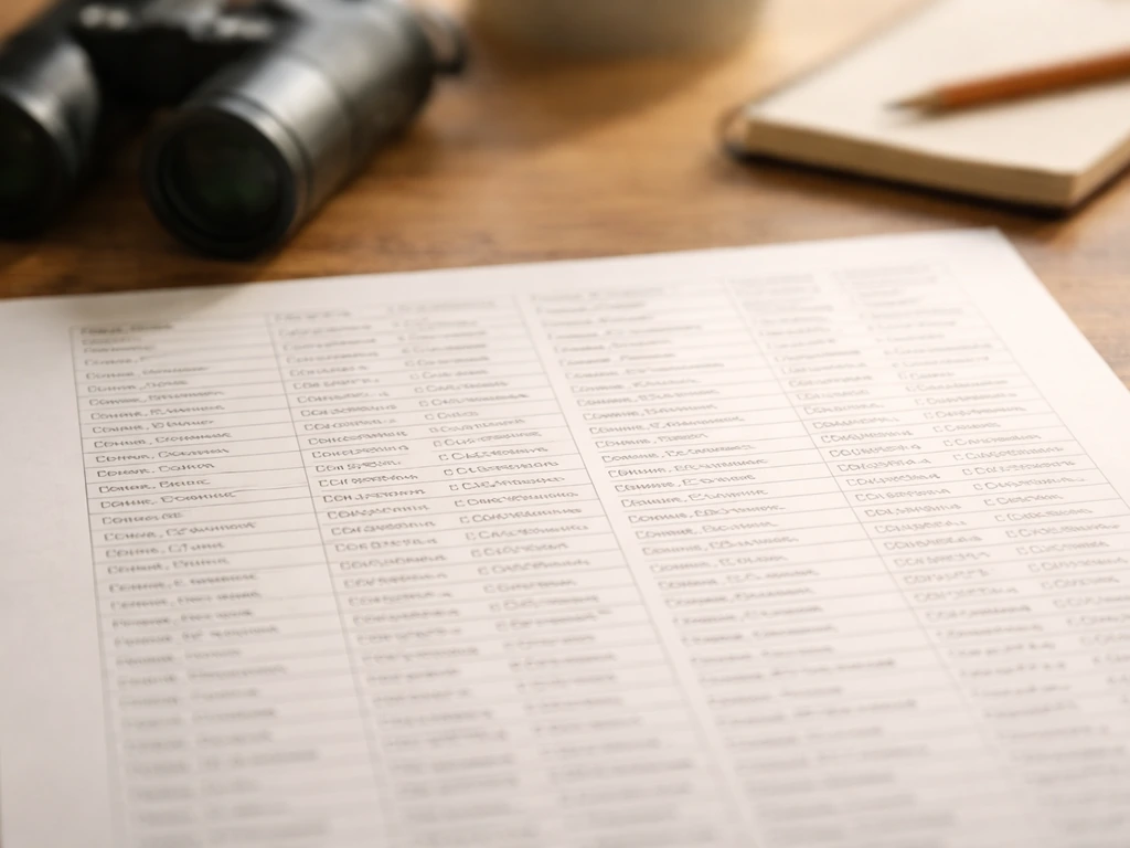 Close-up of a wooden desk with a bird-names reference sheet and binoculars under natural light.