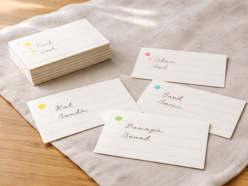 Minimal photo of a wooden desk with scattered bird-name cards showing language-root cues