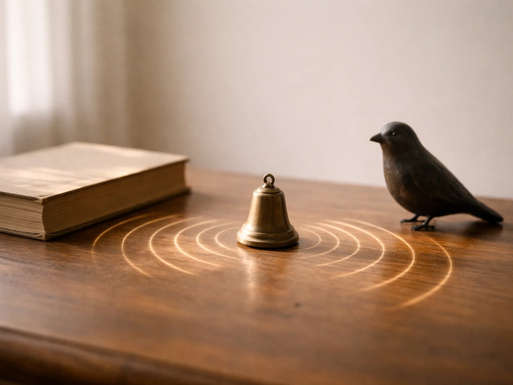 Minimal desk scene with a bell and subtle light-wave ripples implying crow/cuckoo sound echoes.