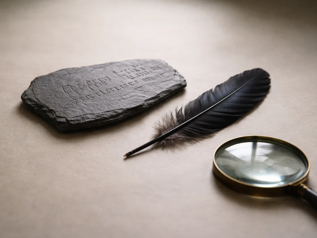 Close-up of Latin-like words etched on a stone, with a raven feather and simple magnifier on a desk