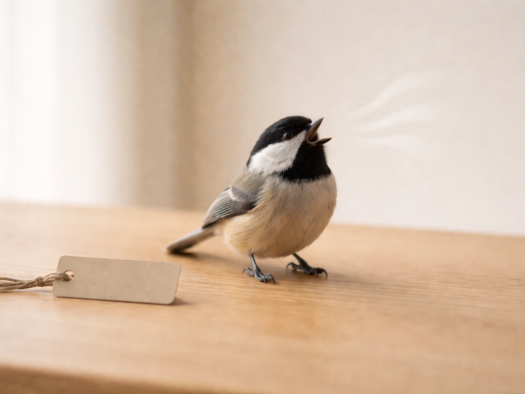 Small songbird perched beside a blank bird label tag, with soft wave ripples suggesting its call.