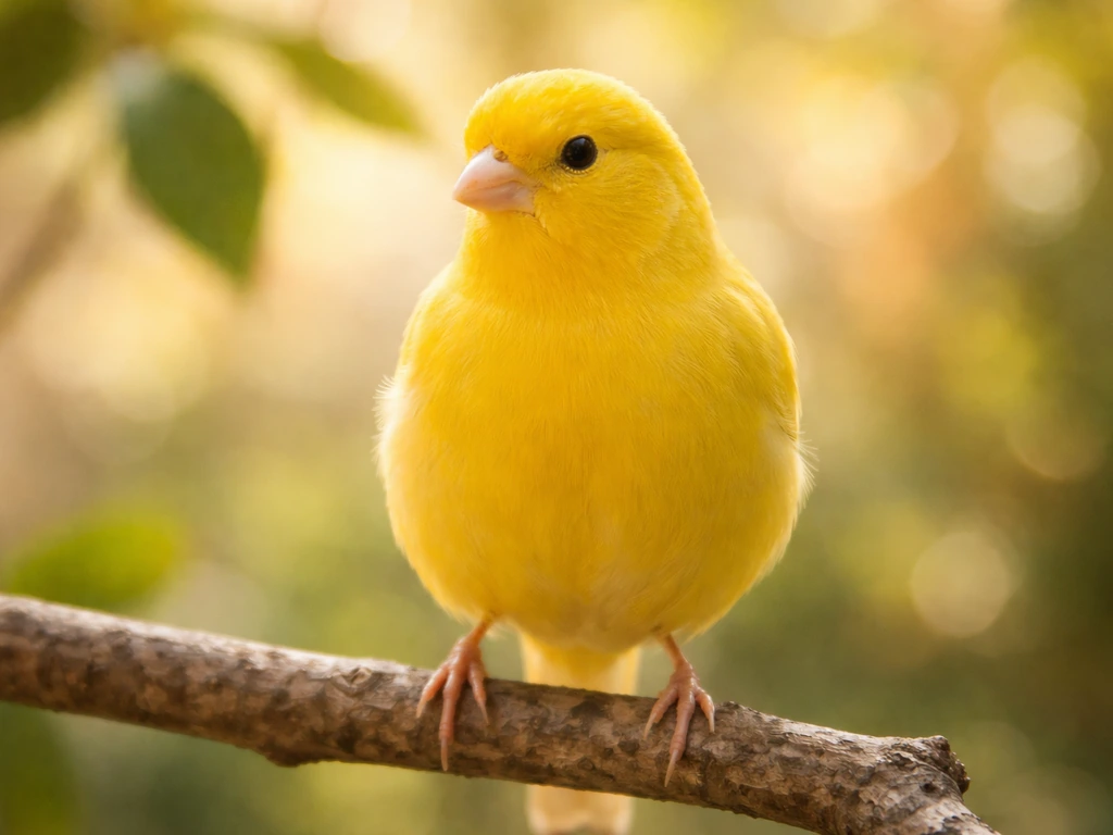 A bright yellow canary perched calmly on a small branch in soft natural light.