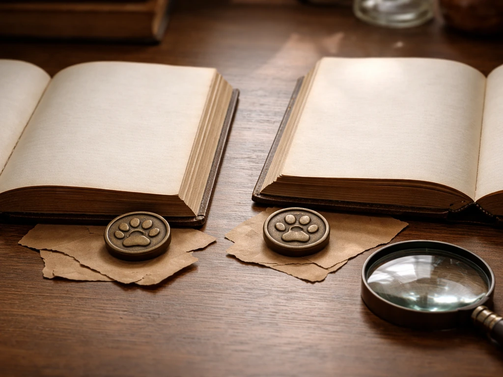 Two open antique books on a desk with matching abstract dog-paw seals representing confusing root pairs.