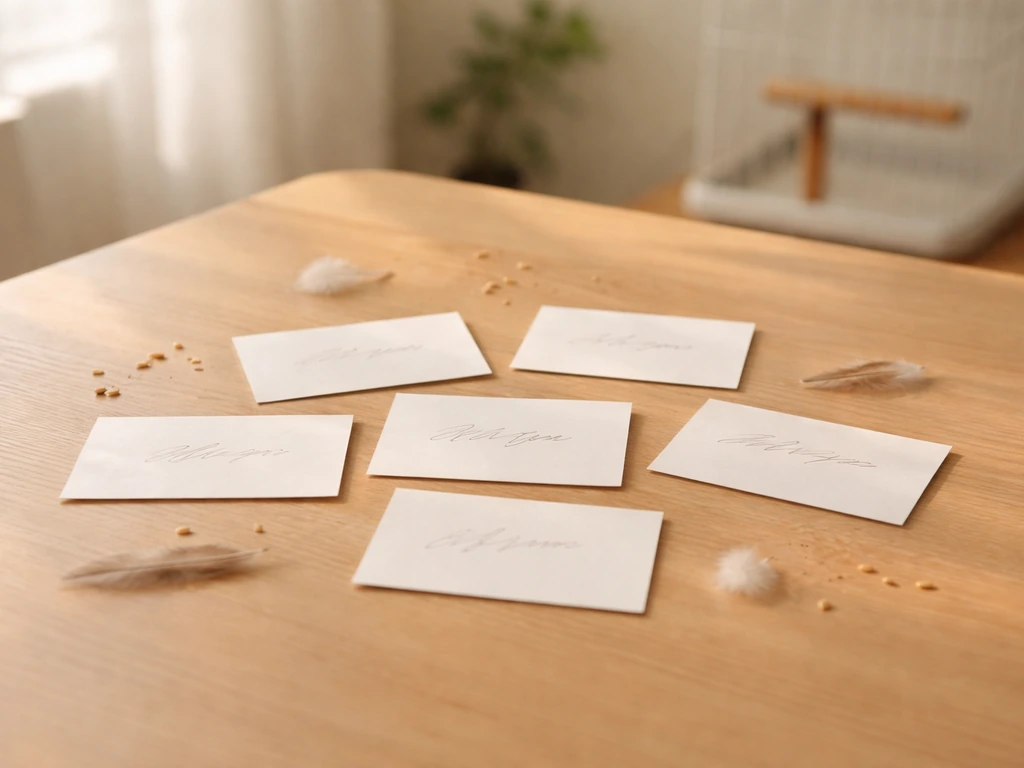 Assorted handwritten-style name cards on a small table for pet bird naming ideas