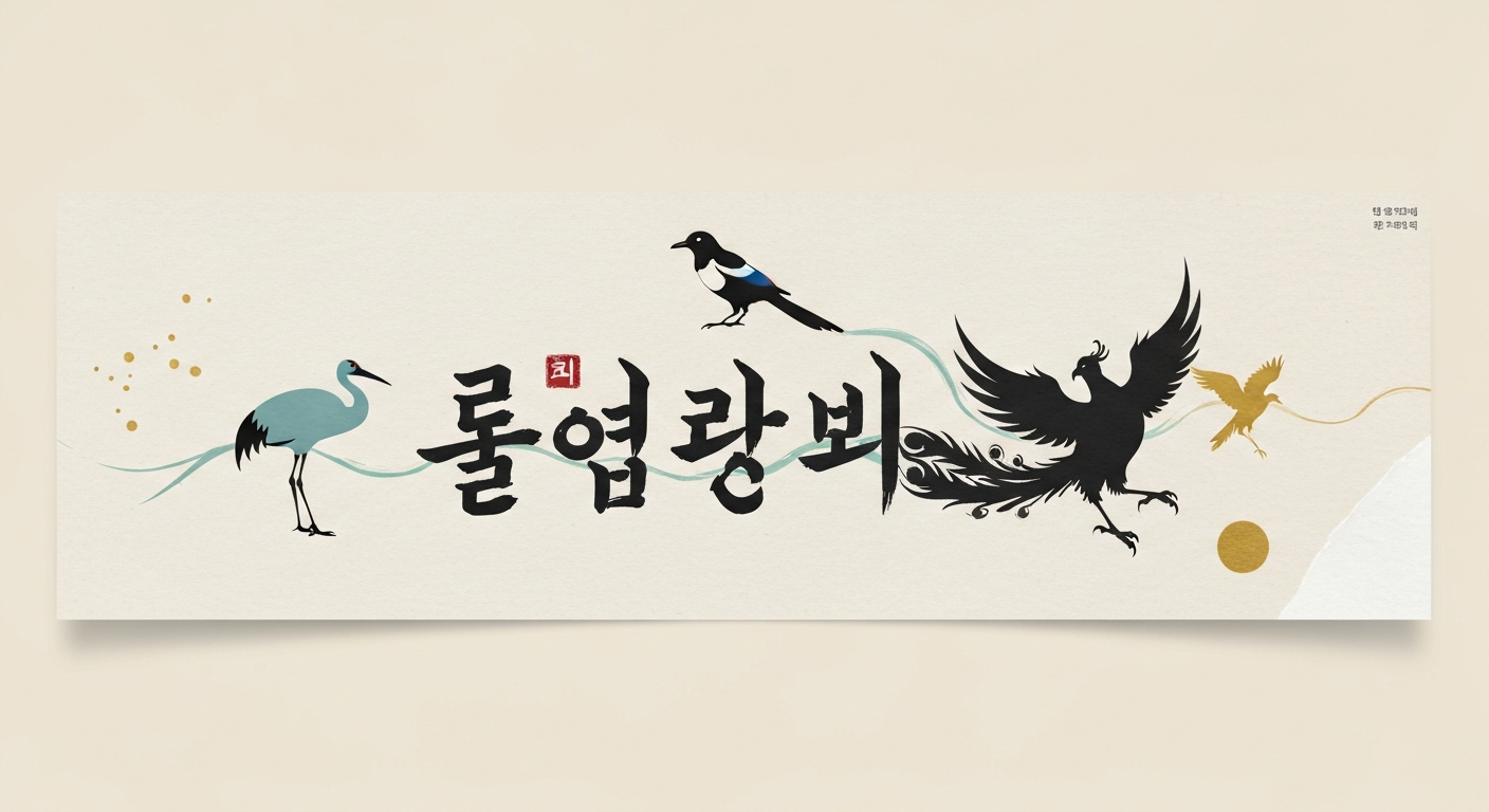 Editorial illustration showing Hangul '새' and Hanja characters (鳥, 鶴, 鵲, 鵬, 鳳) integrated with stylized crane, magpie, roc and phoenix motifs in brush-calligraphy style.