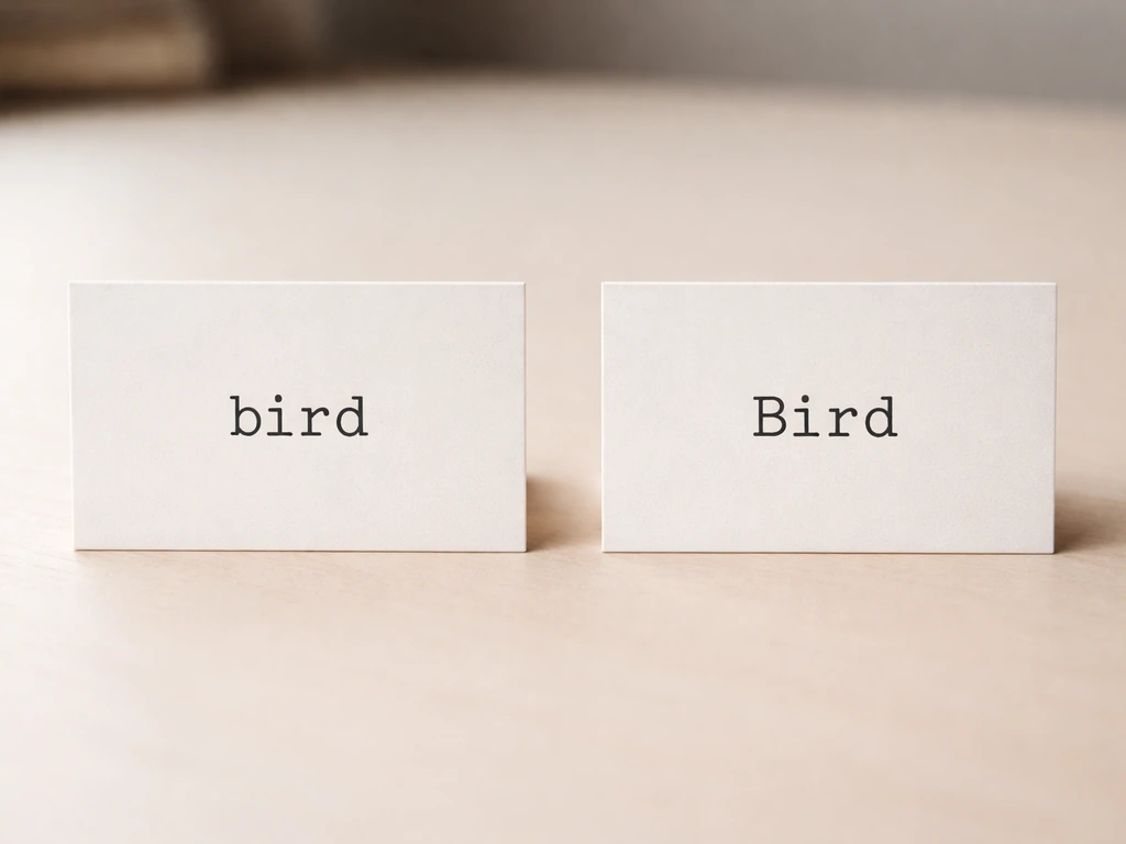 Close-up of two paper cards on a desk showing “bird” lowercase and “Bird” capitalized for contrast.