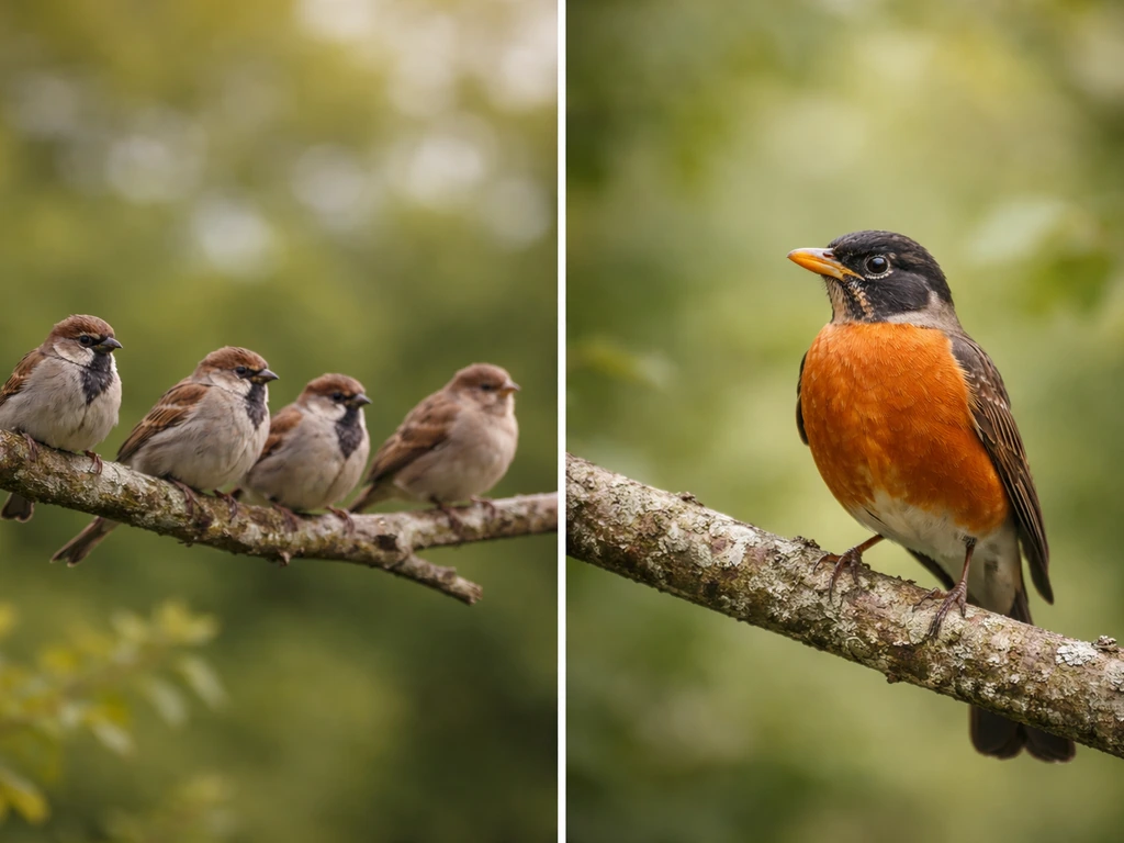 Minimal split photo of a common bird on left and a single perched bird on right, no text.