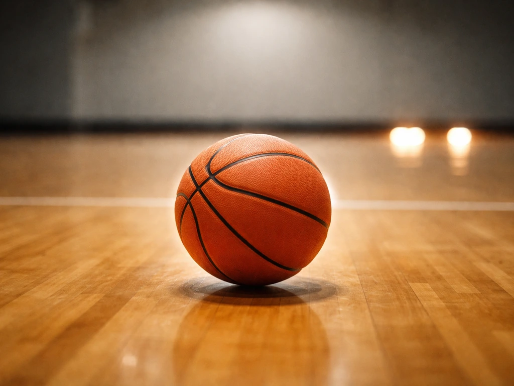 Close-up of a basketball on a court with a capitalized-name concept shown by framing, no person.