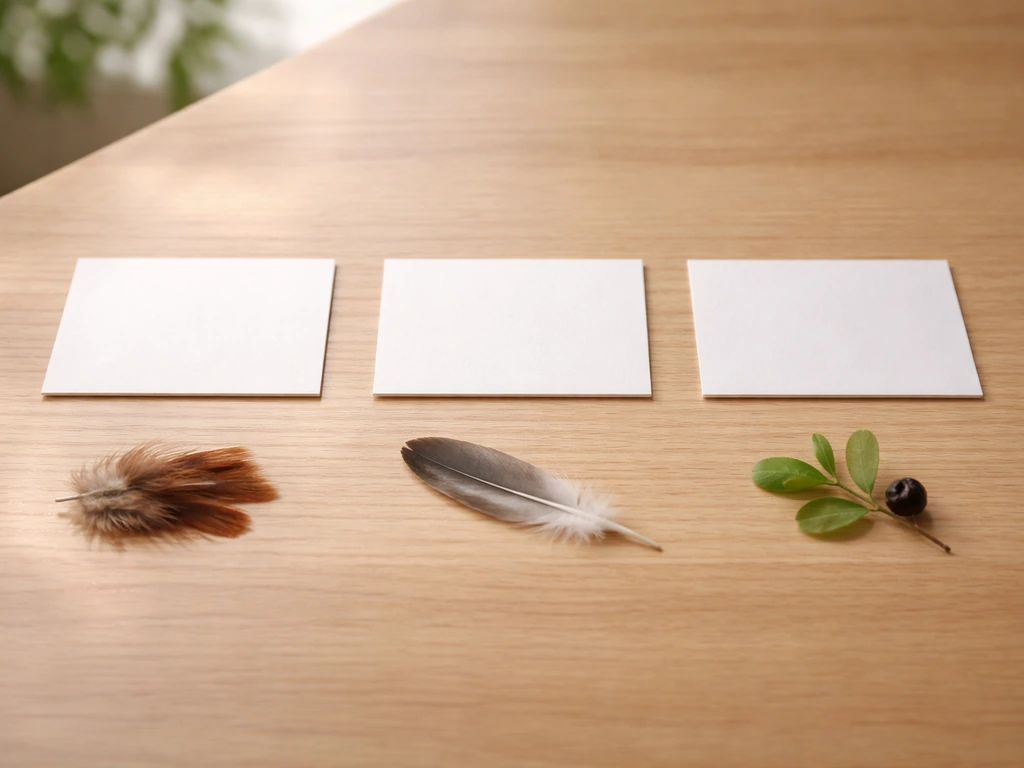 Three bird name cards side-by-side with small bird feathers, showing common, scientific, and proper-noun themes