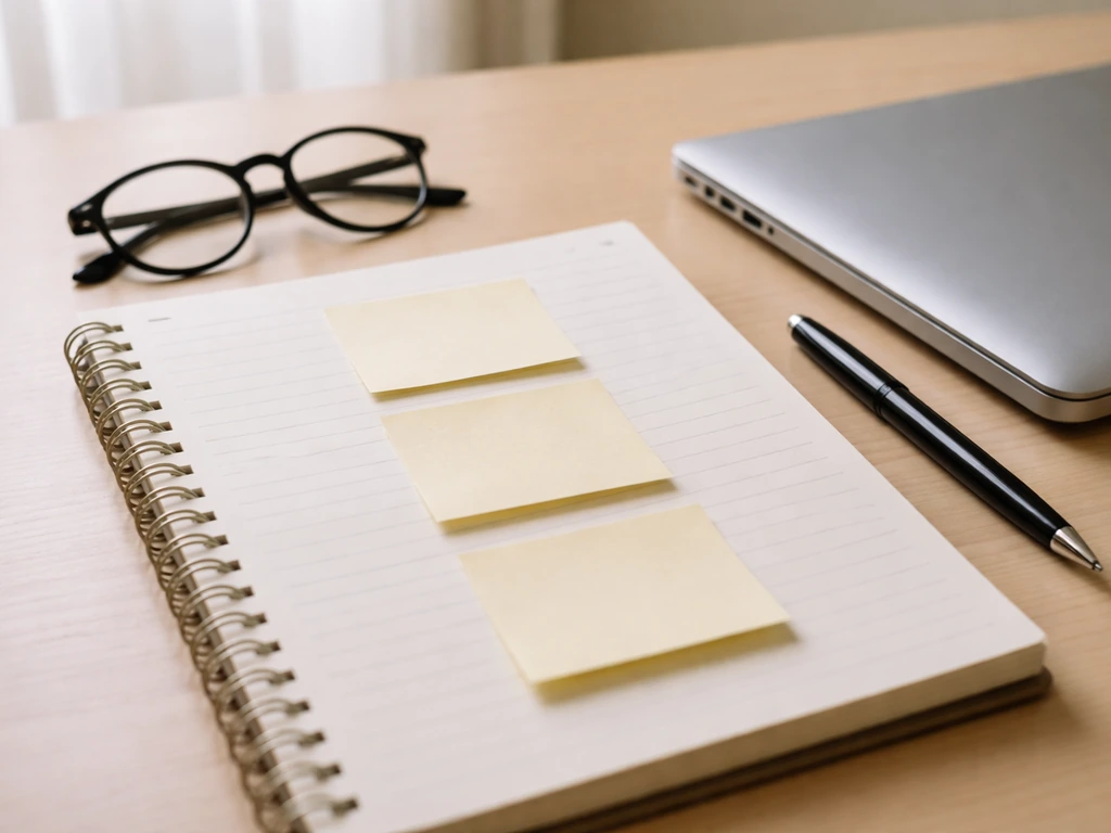 Minimal desk scene with notebook, pen, glasses, and blank sticky notes suggesting grammar checks.