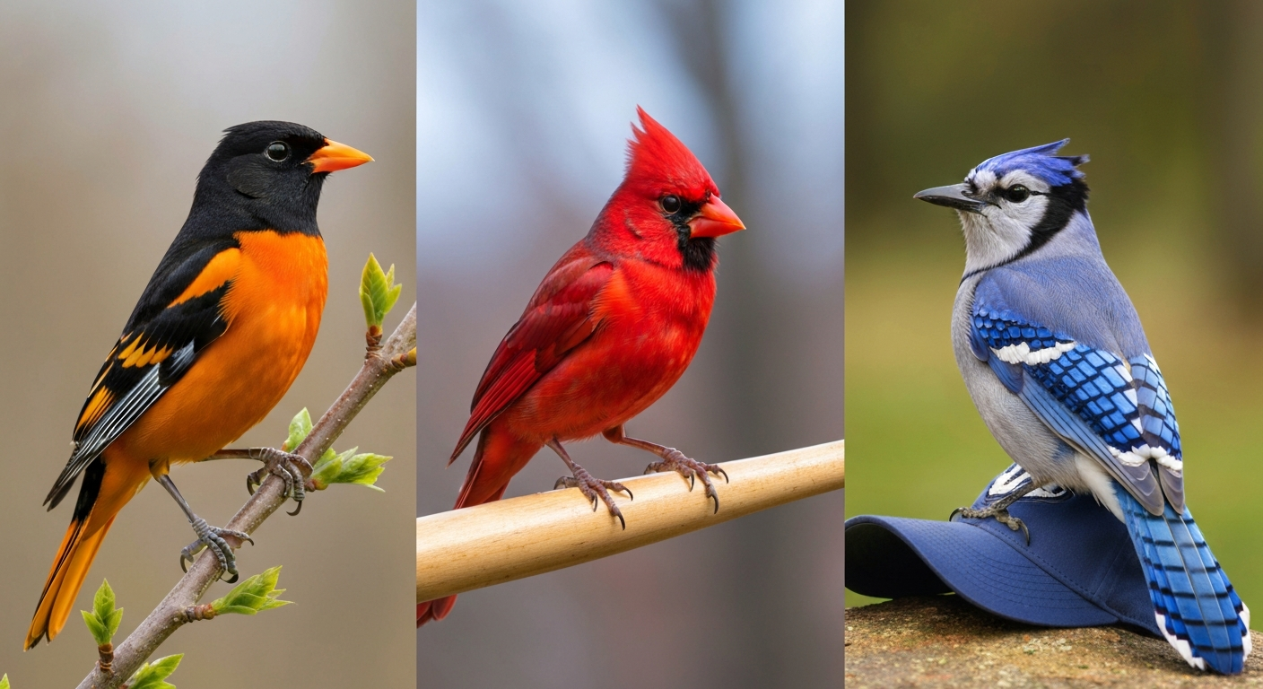 Photorealistic composite of a Baltimore Oriole, a Northern Cardinal perched on a baseball bat, and a Blue Jay on a cap.