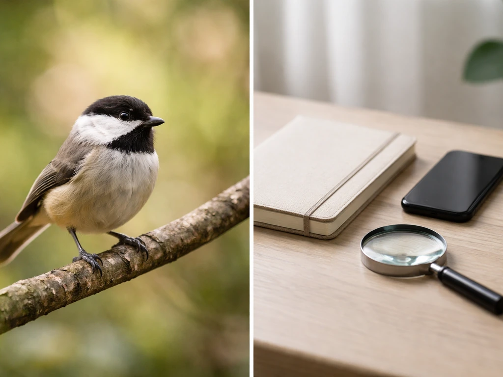 Left: close-up wild bird on a branch; right: desk with notebook, smartphone, and magnifying glass.
