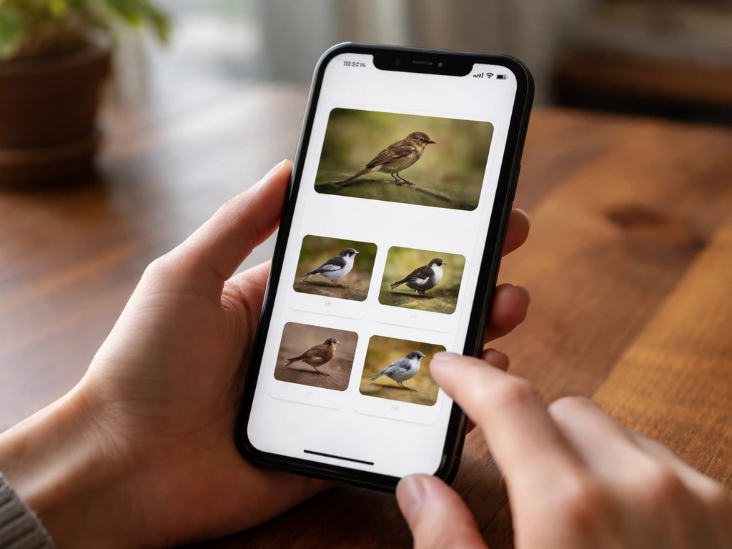 Close-up of a smartphone screen showing an anonymous bird photo upload flow with species cards