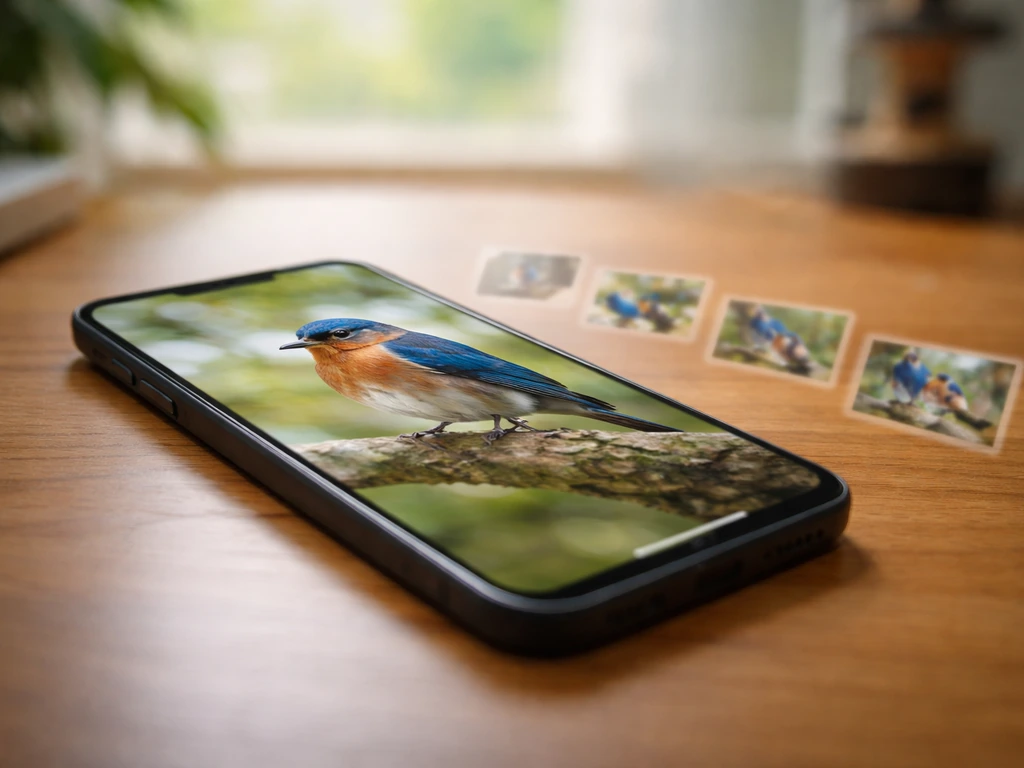 Smartphone on a desk displaying a bird photo with blurred similar-species thumbnails nearby.