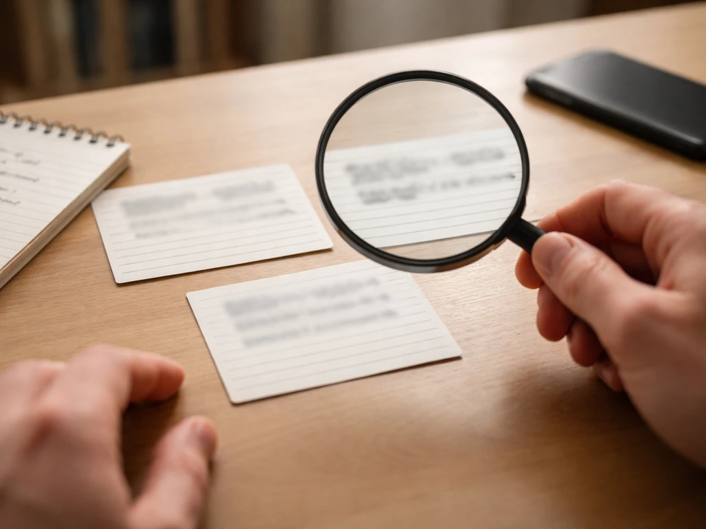 Hands comparing three unlabeled cards with a magnifying glass on a simple research desk.
