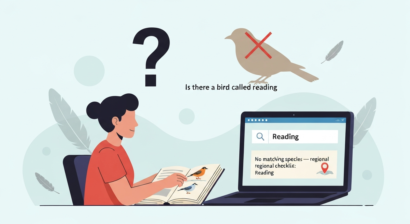 Illustration of a person checking bird checklists on a laptop and field guide; the searched name "Reading" is shown with a red cross and a message that no species matches.