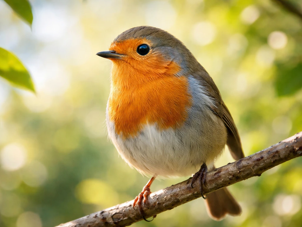 Bright close-up of a robin perched outdoors in soft natural light, showing “robin” in a literal sense.
