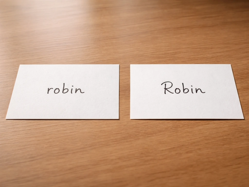 Two handwritten note cards on a desk showing “robin” vs “Robin” side by side.