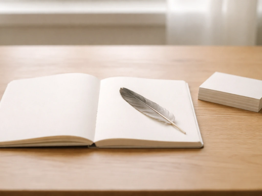 Open notebook and blank index cards on a wooden desk with a feather for a bird-name reference theme.