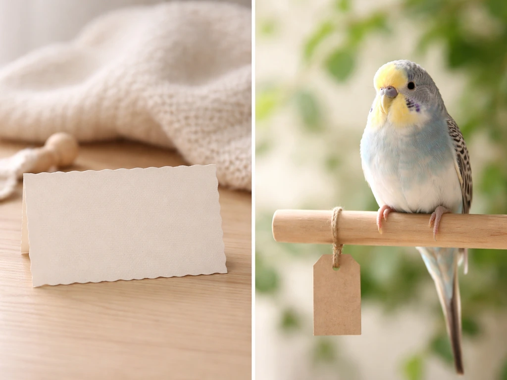 Split scene: baby-name name card on left and a pet bird perch with a name tag on right.