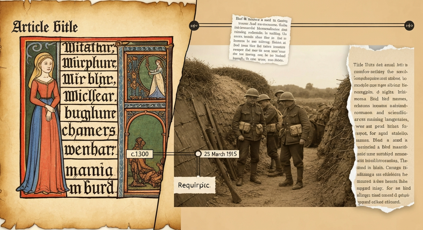 Split timeline image: illuminated medieval 'burd' with a maiden on the left, WWI soldiers and a 1915 memoir note on the right, connected by a timeline.