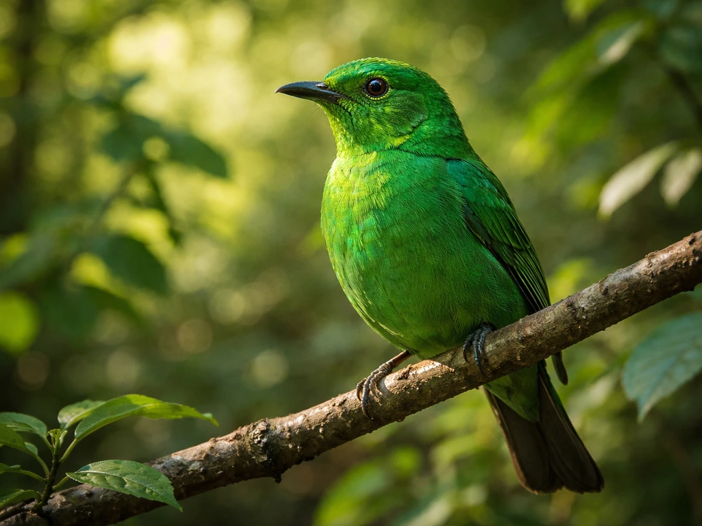 Vivid green bird perched in natural light with sharp feather detail against a soft forest background