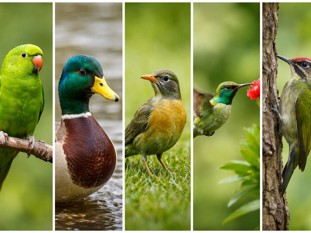 Five green birds in separate panels, each perched or hovering to show distinct green patterns and poses.