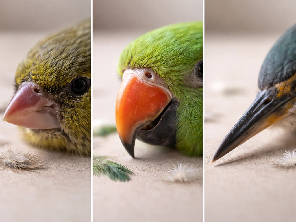 Side-by-side closeups of three bird beak types: thick seed-cracker, hooked parrot, and long dagger beak.