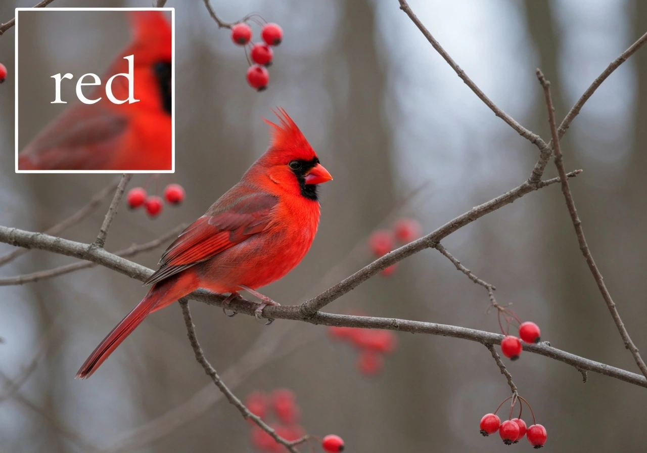 Northern cardinal perched on a branch in a winter woodland with a small red color cue inset.