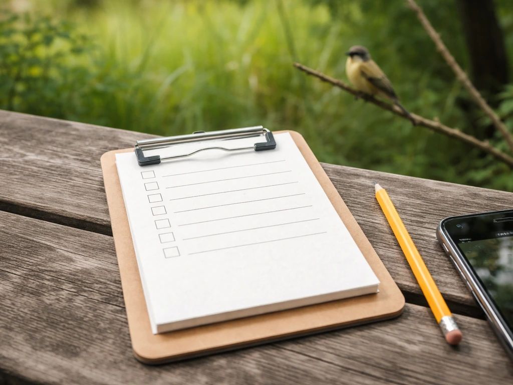Blank field notebook checklist and pencil on a bench with a small bird perched nearby, outdoors.