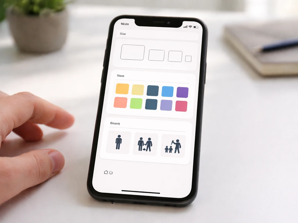 Close-up of a hand holding a phone showing simple step-by-step ID options for size, colors, and behavior.