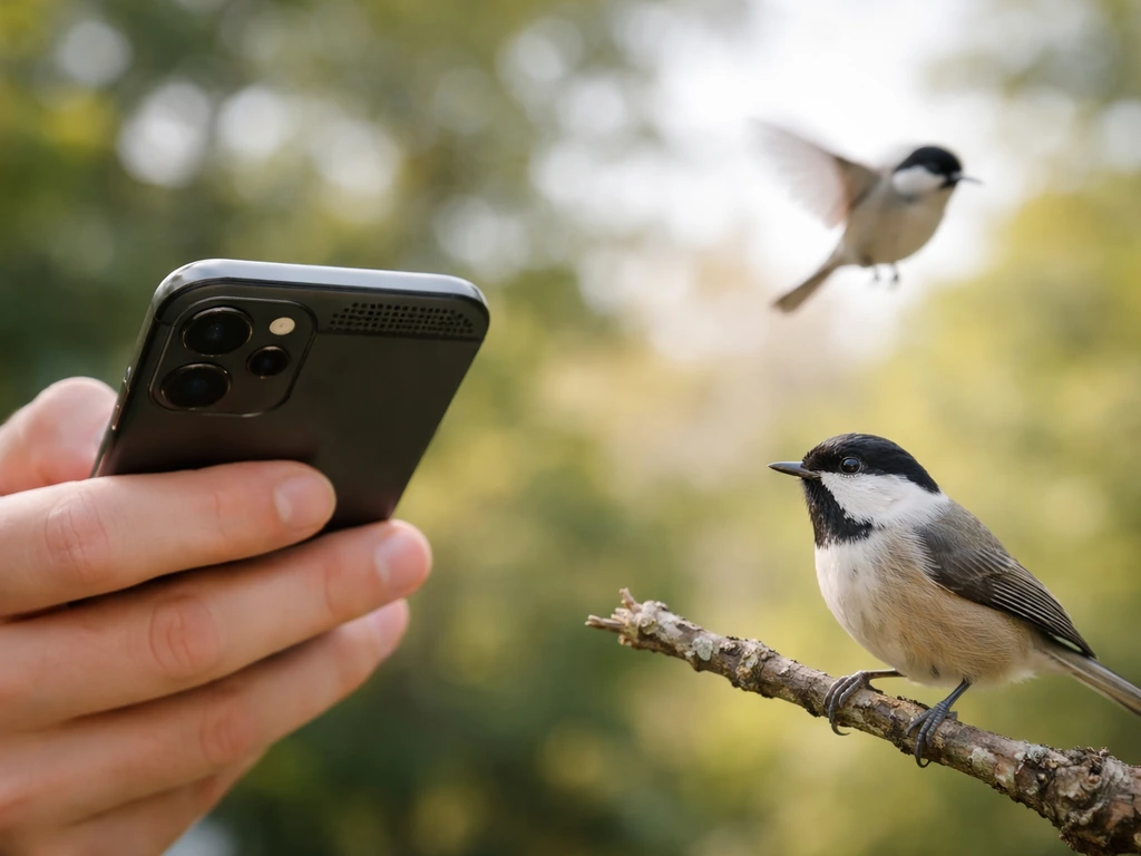 Handheld smartphone mic capturing a bird call near a branch, with another bird perched and a blurred one hovering
