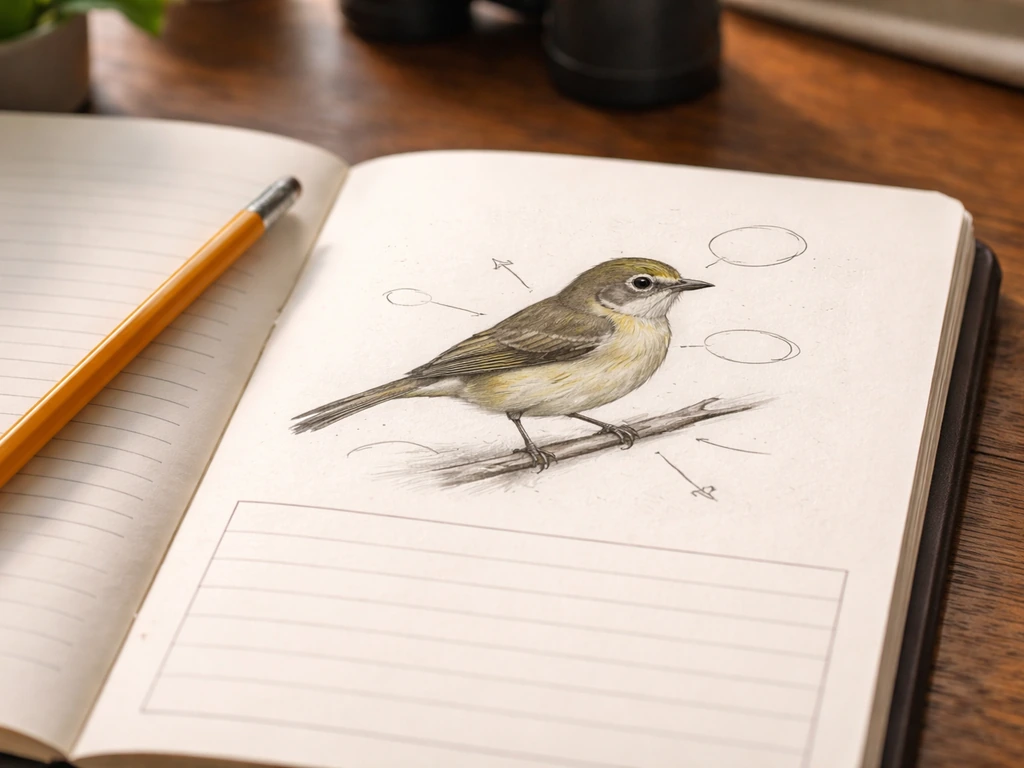 Open field notebook and bird identification card on a wooden desk with pencil callouts and a small bird illustration.