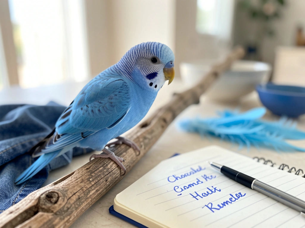 Blue bird perched beside a notebook with blurred blue-name ideas, showing the start of naming.