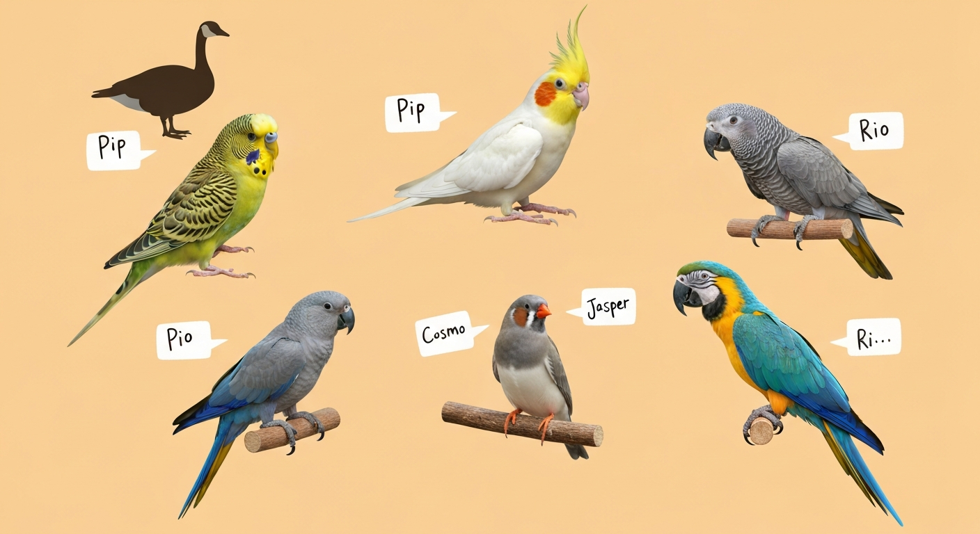 Collage of several male pet birds (budgie, cockatiel, African grey, macaw, finch, and a goose silhouette) each shown with a small name tag displaying example short names like Pip and Cosmo.