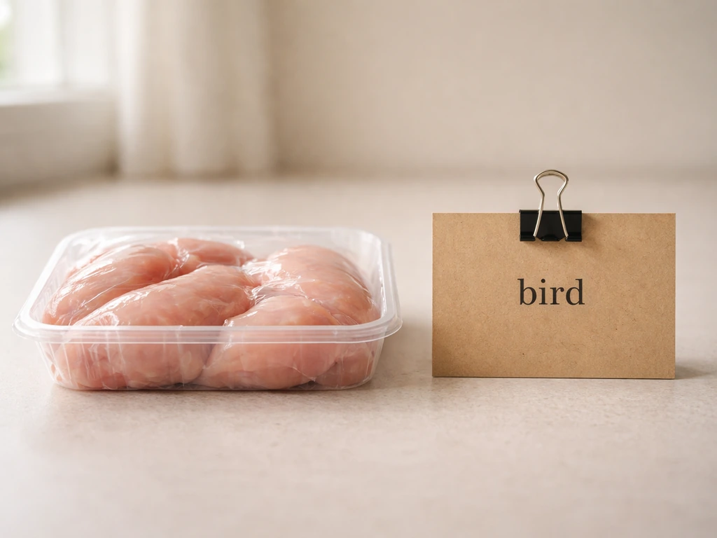 Close-up of packaged chicken beside a generic bird-labeled tag, showing “chicken” as a standalone name.