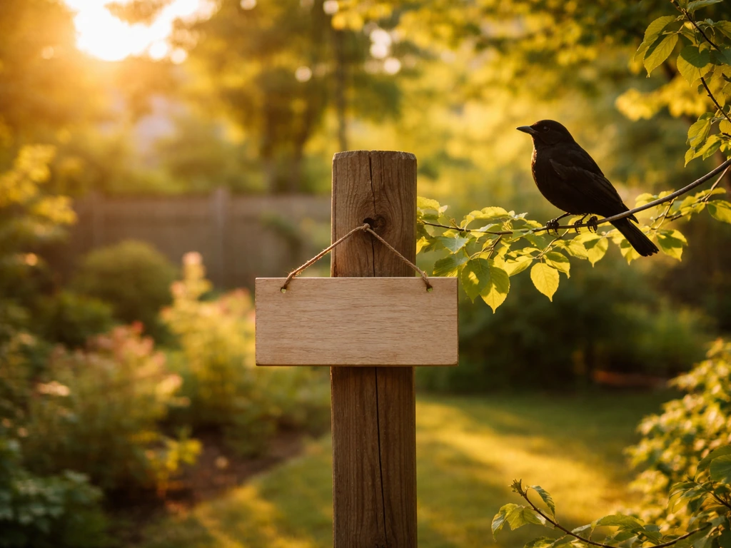 A quiet garden with a small dark bird silhouette and a hanging sign that suggests “strange bird.”