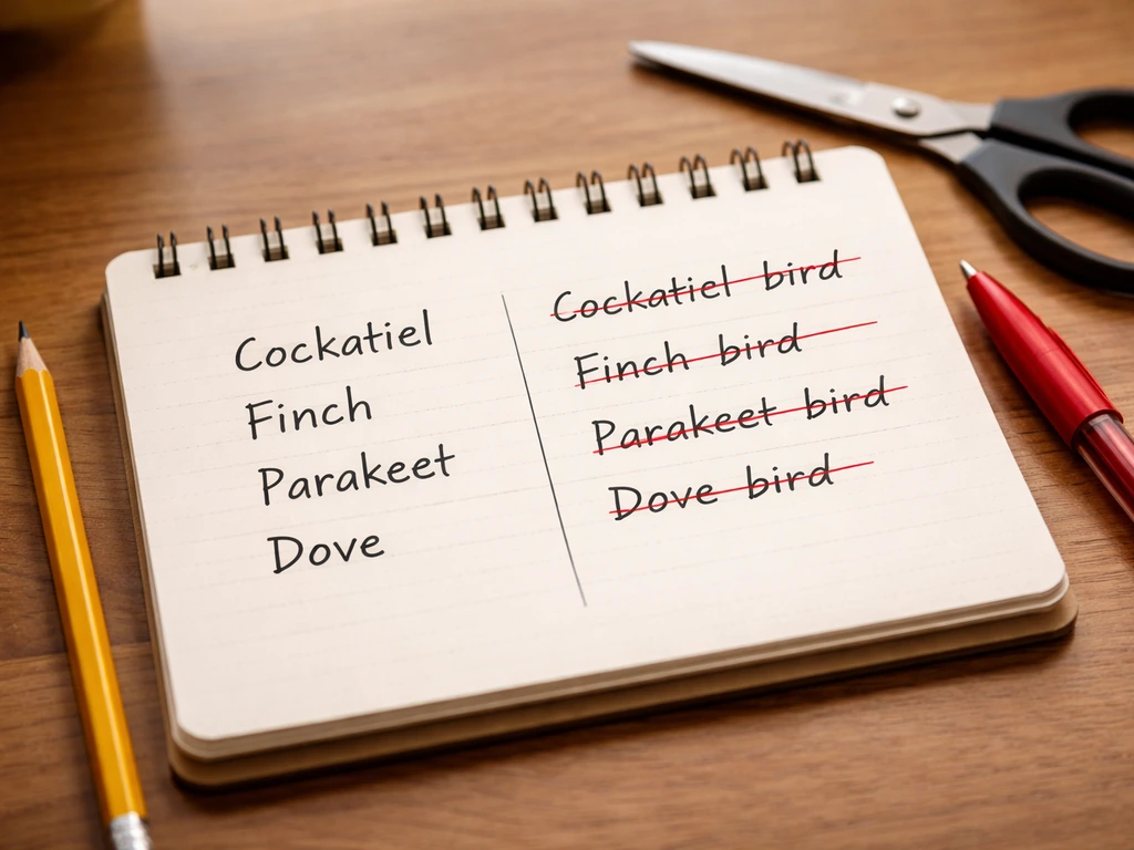 Open notebook on a wooden desk with bird common names written and an incorrect doubled phrase crossed out.