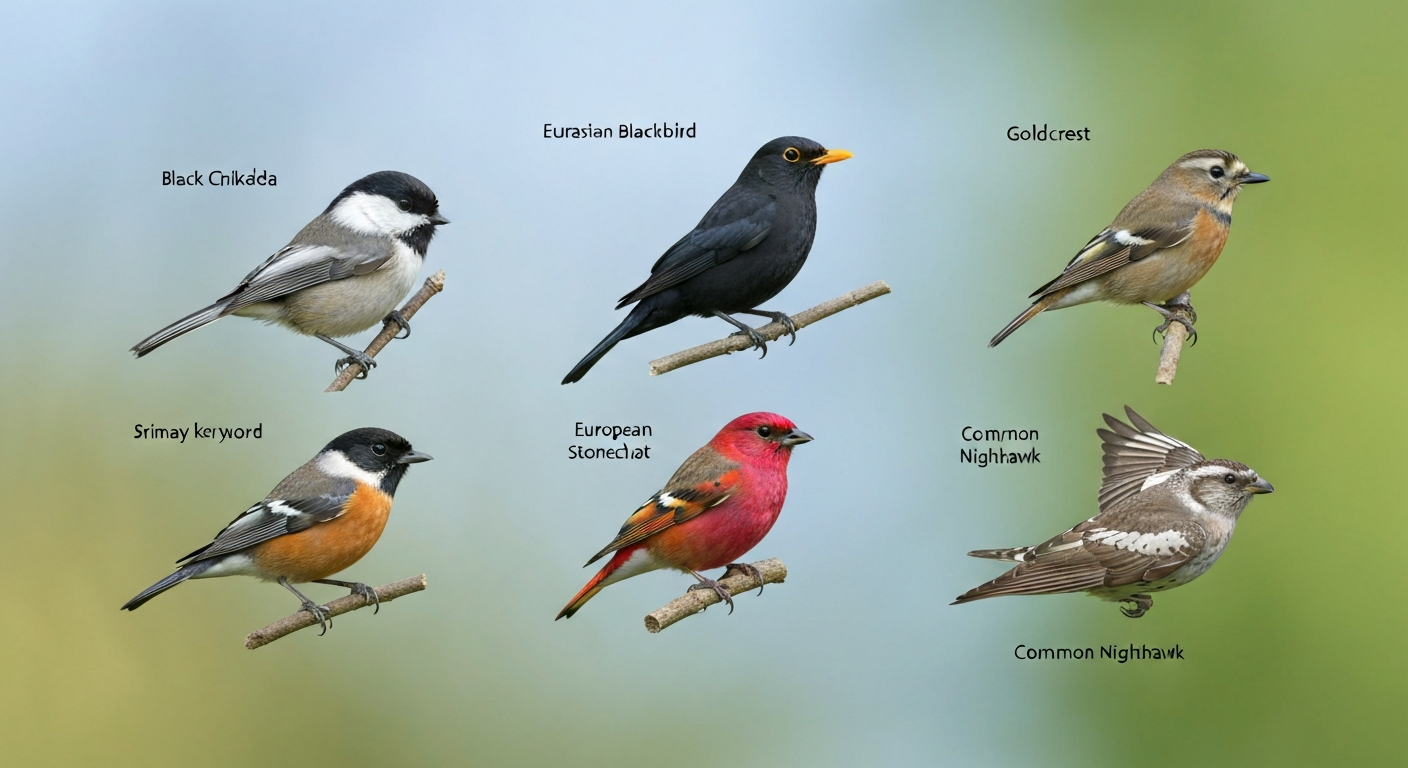 Collage of six birds (Black-capped Chickadee, Eurasian Blackbird, Goldcrest, European Stonechat, Common Rosefinch, Common Nighthawk) shown in natural poses with subtle labels, on a softly blurred green background.