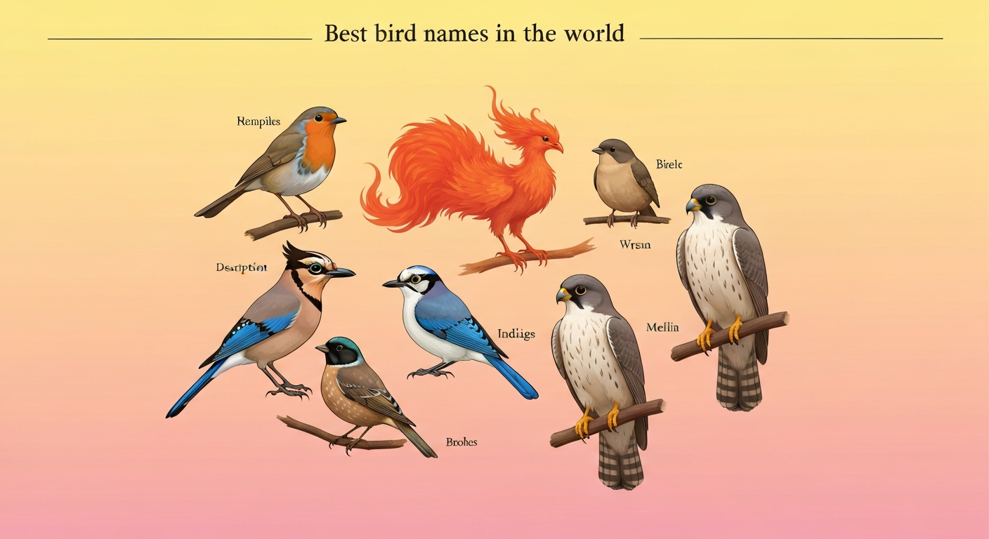 Collage of stylized birds (Robin, Phoenix, Jay, Wren, Indigo Bunting, Merlin) with small name labels on a soft gradient background.