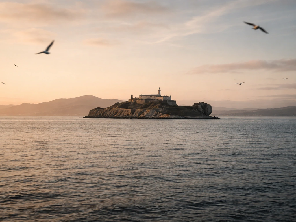 Wide view of Alcatraz Island in San Francisco Bay with a few seabirds gliding in the sky.