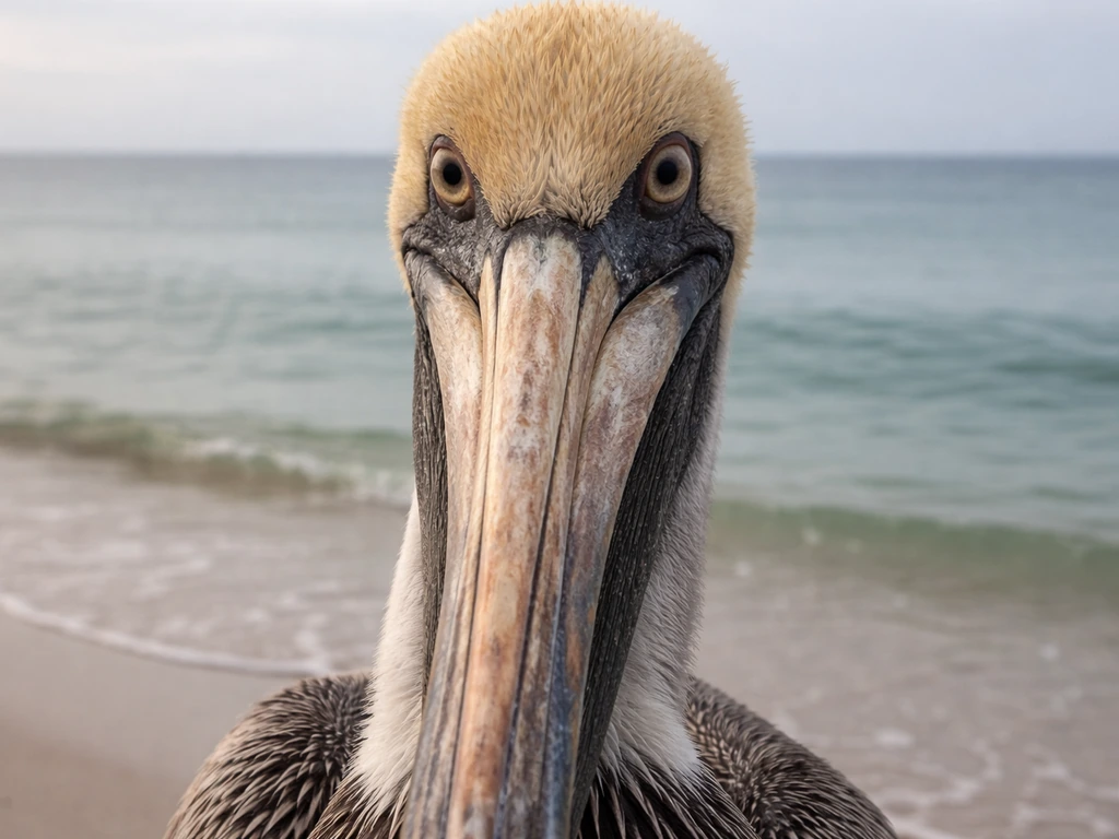 Close-up of a pelican in calm light, highlighting the bird linked to the origin of “alcatraz.”