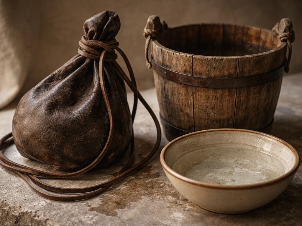Close-up of a worn leather waterskin and simple wooden bucket beside a shallow bowl of water
