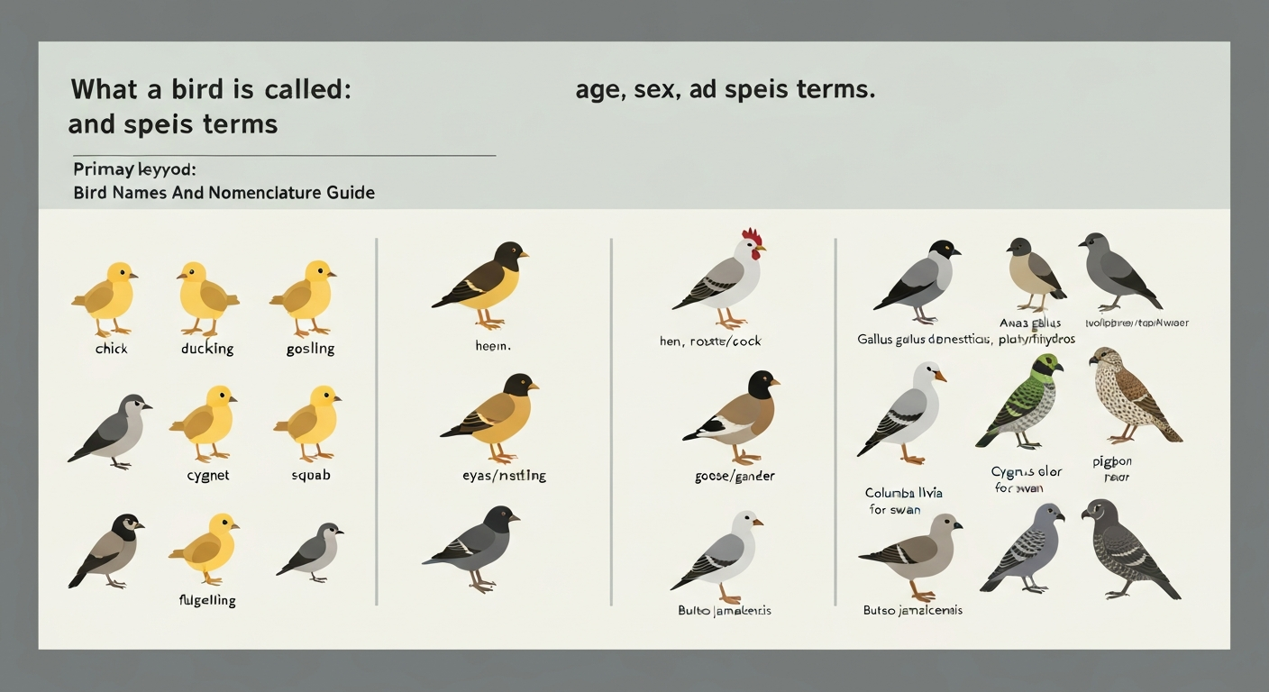 Infographic collage of common birds with labeled life-stage and sex names plus a few scientific names, in a clean vector style.