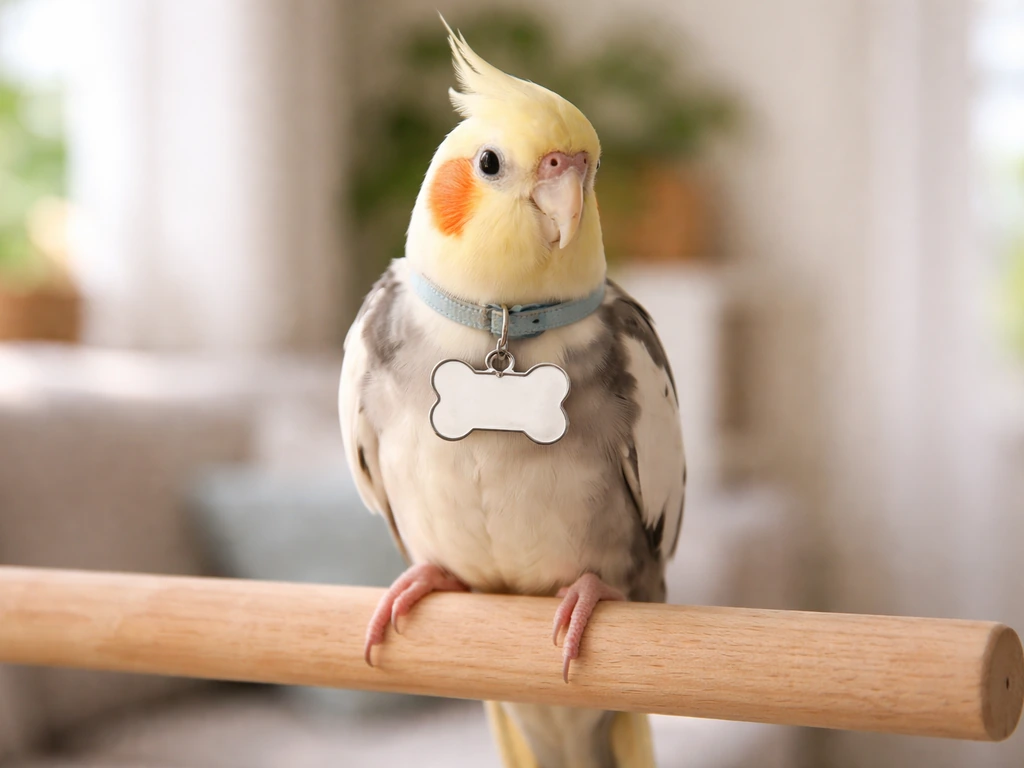 A small colorful pet bird perched indoors wearing a humorous name tag
