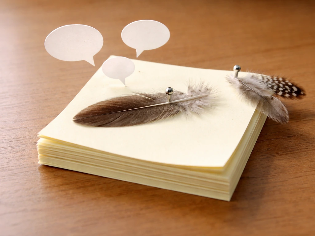 Sticky notes pinned to a feather with blank speech-bubble shapes to suggest a funny bird-name pun that sticks.
